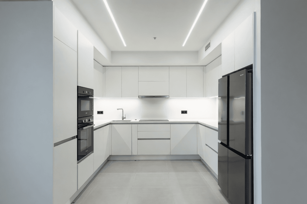 U-shaped kitchen layout maximizing storage