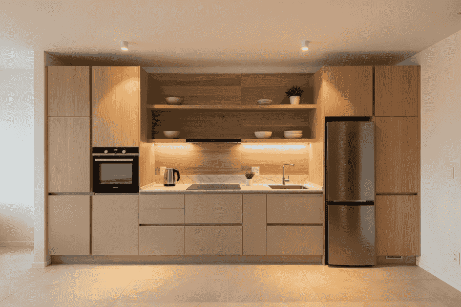 Single-wall straight kitchen layout for studio apartments