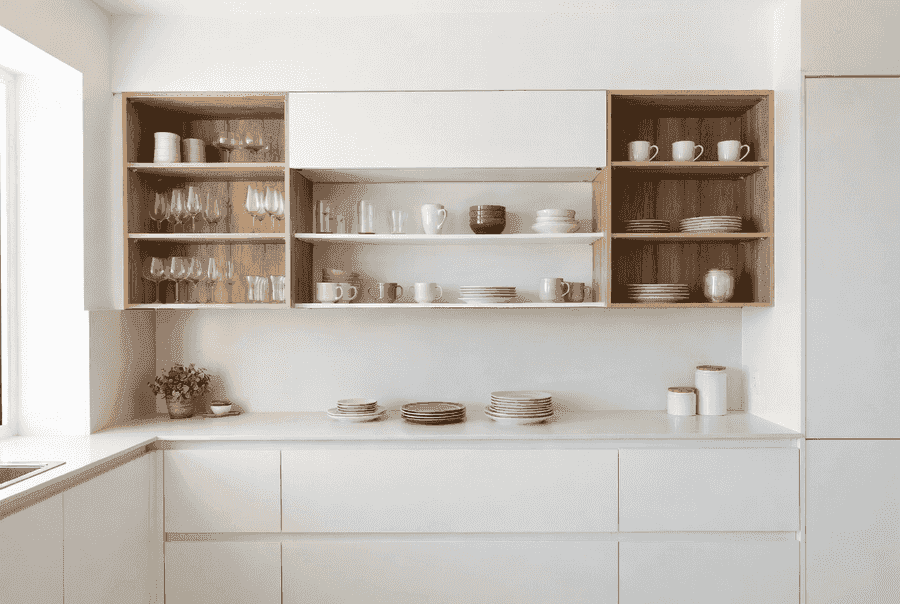Open shelving installed strategically in a small kitchen