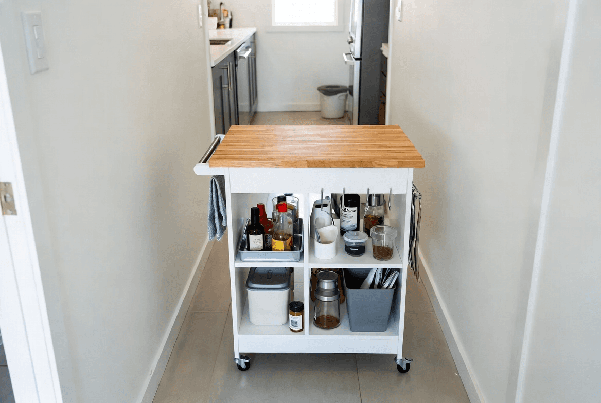 Compact kitchen island or rolling cart in a small kitchen