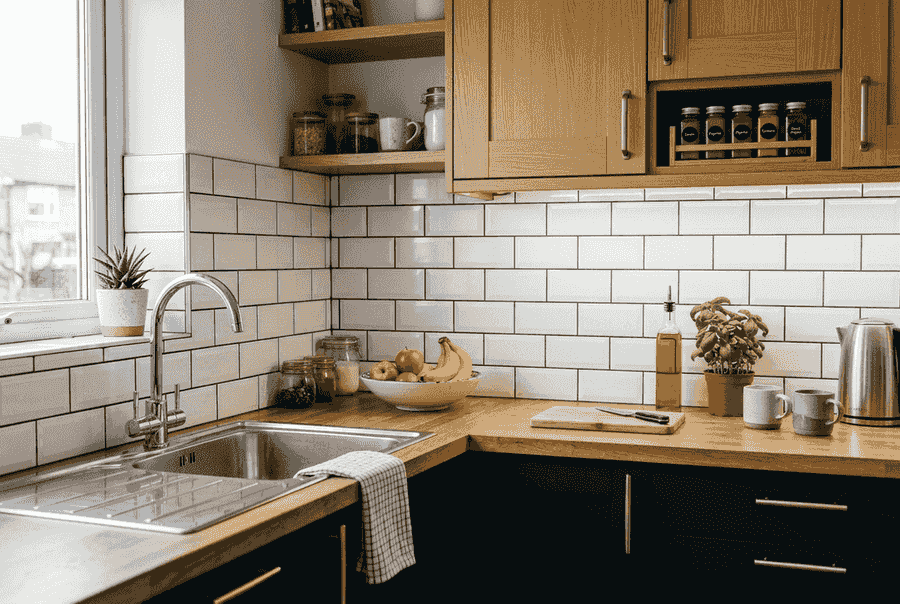 Subway tile backsplash in a small kitchen