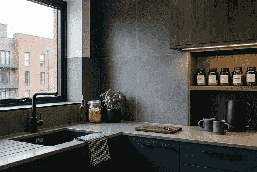 Large-format tiles creating a seamless look in a small kitchen