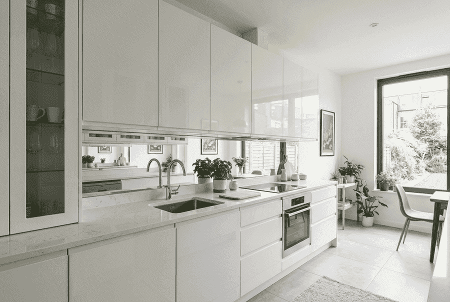 Mirrors and reflective surfaces adding depth to a small kitchen
