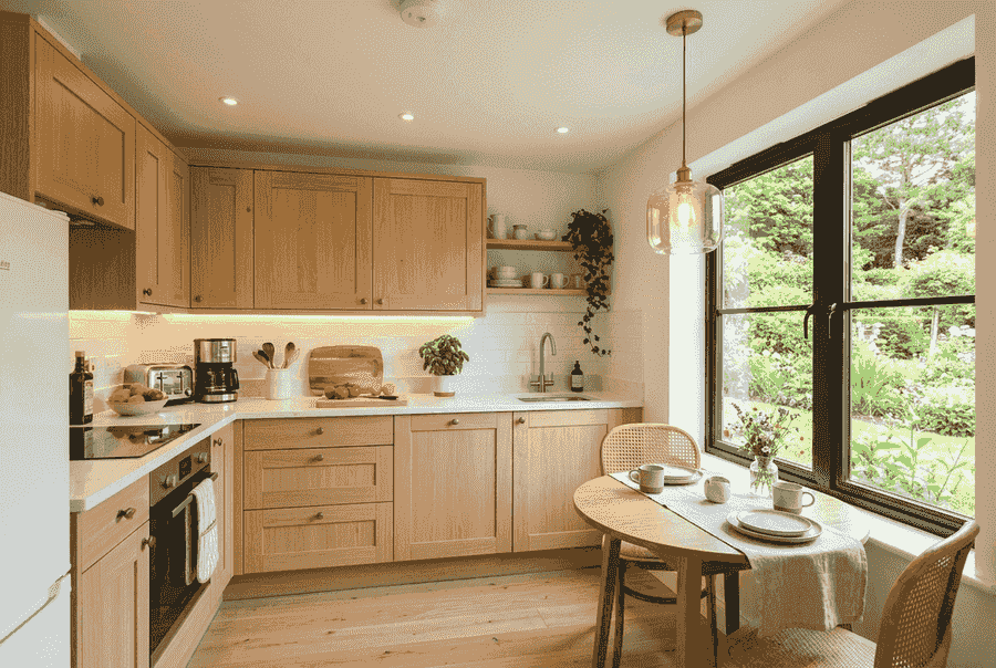 Natural light maximized in a small kitchen with layered artificial lighting