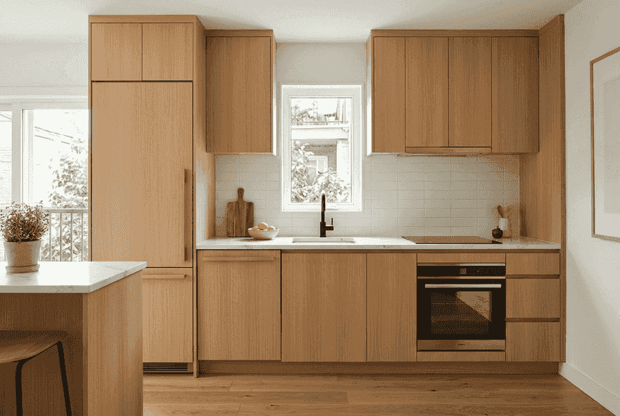 Slim integrated appliances in a small kitchen